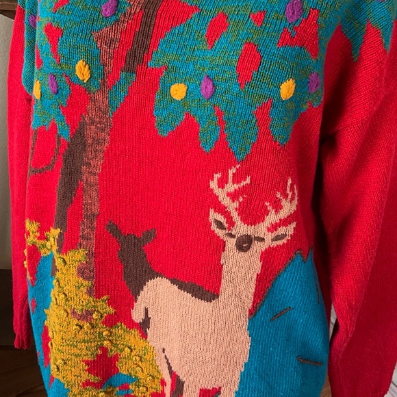 Vintage 90s Funky Nature Deer Colorful Textured Woodland Oversized Knit Sweater - Picture 6 of 10
